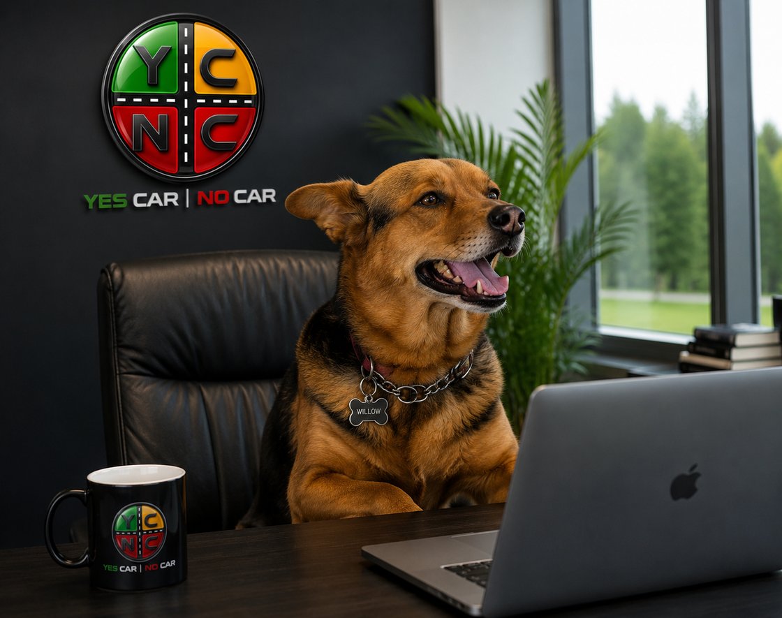 Willow, cofounder of Yes Car No Car, sitting at a desk in front of the Yes Car No Car logo with a laptop and a branded mug.